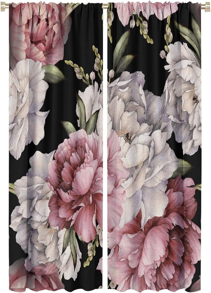 Black Boho Floral Curtain Vintage Watercolor Rose Peony Retro Pink Blossom Flowers Rustic Spring Lea for Home Kitchen Livingroom Coffee Room Curtains Drapes 2 Panels 42x63in
