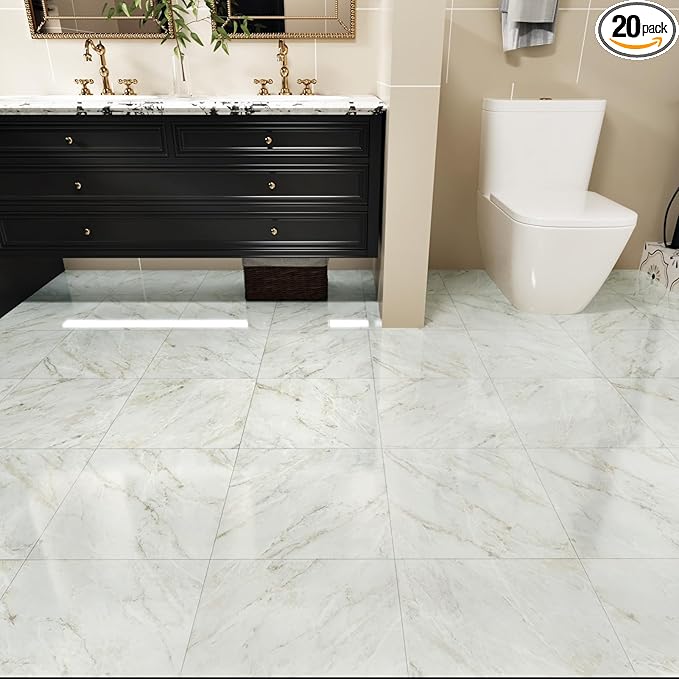 WESTICK 20 Pcs Bathroom Marble Floor Tiles Peel and Stick Waterproof 12" x 12" Self Adhesive Vinyl Flooring Peel and Stick Floor Tile Removable Vinyl Stick on Tile for Bedroom Kitchen Living Room
