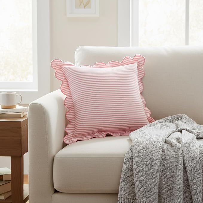 Newwiee 2 Pack Scalloped Pillow Cover 18 x 18 Inch Stripe Throw Pillow Cover Cotton Decorative Pillowcase for Women Men Couch Living Room Cushion Indoor Outdoor Decoration(Pink, Scalloped)