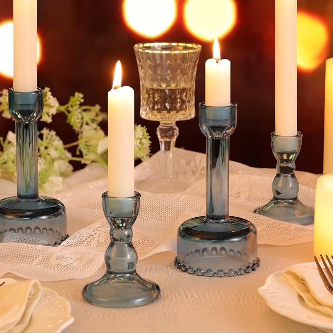 Lanttu 6 Pcs Blue Glass Candlestick Holders Taper Candle Holder Bulk | Crystal Candle Holders for Wedding, Table Centerpiece, Home Decoration
