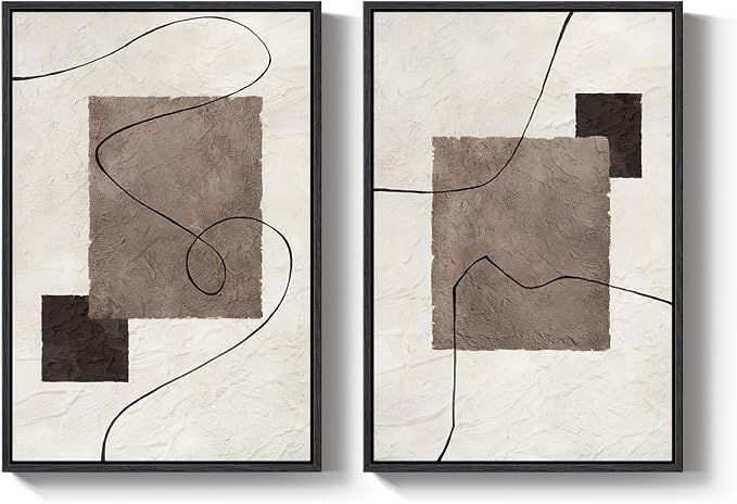 Framed Neutral Abstract Wall Art for Living Room, Set of 2 Geometric Line Beige Brown Canvas Artwork for Walls, Large Minimalist Modern Painting Print for Hallway Bedroom Office Wall Decor, 24x36 Inch