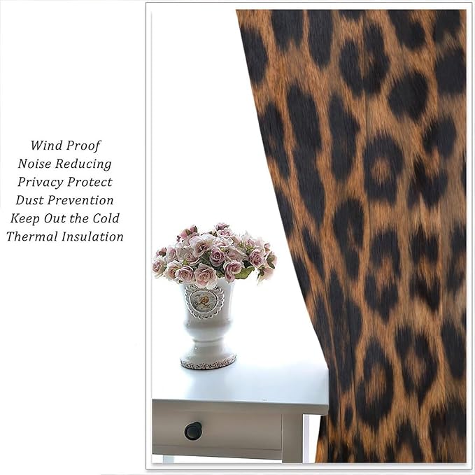 Leopard Print Blackout Curtain, Black Brown Fur Leopard Print Wild Animal Skin Drapes, Rod Pocket Window Treatments 2 Panels Curtains for Dining Room Office Kitchen Bedroom Decor 84"W X 84"L