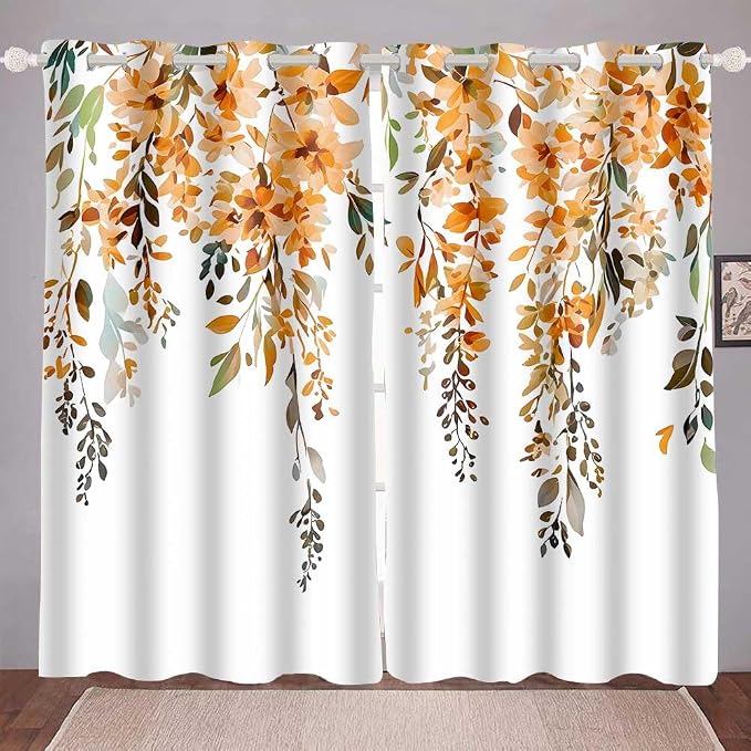 Orange Watercolor Floral Curtains 84 inches Long, Botanical Leaves Vine Flowers Rustic Farmhouse Curtains, Blackout Window Treatment Drapes for Bedroom Living Room 52x84inch, 2 Panels