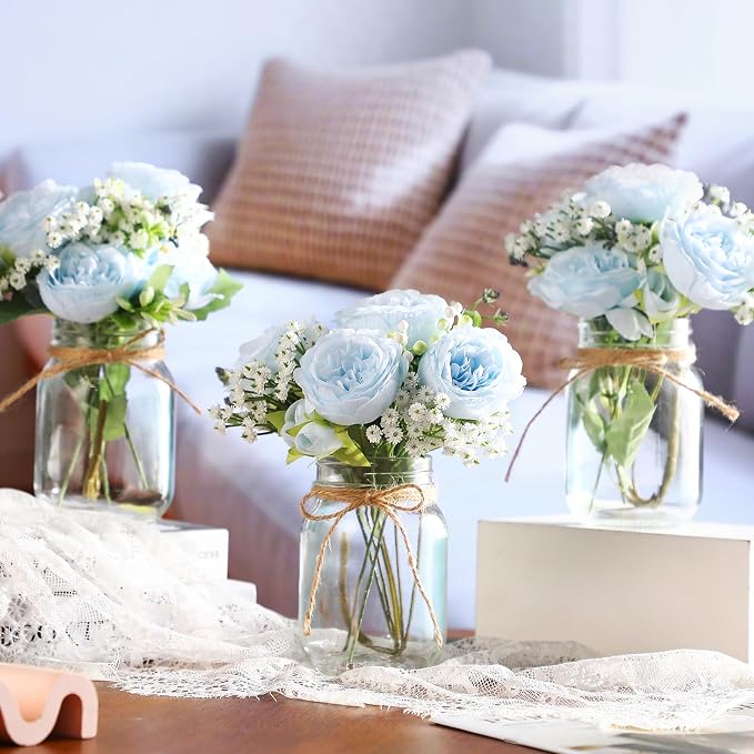 Zeyune 6 Sets Mason Jar Centerpiece Table Decorations, Artificial Peony Baby's Breath Flower Bouquets, Faux Flowers with Vase, Rustic Decor Gifts for Home, Wedding, Holiday (Blue)