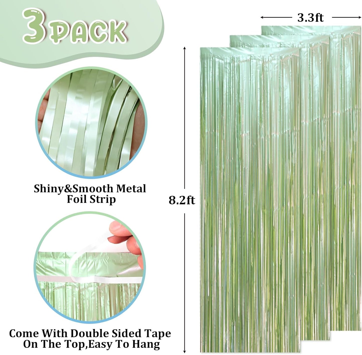 3 Pack 3.3 x 8.2 ft Sage Green Foil Fringe Backdrop Curtains, Tinsel Streamers Party Decorations, Door Shimmer for Baby Shower, Birthday, Martini Party Decorations