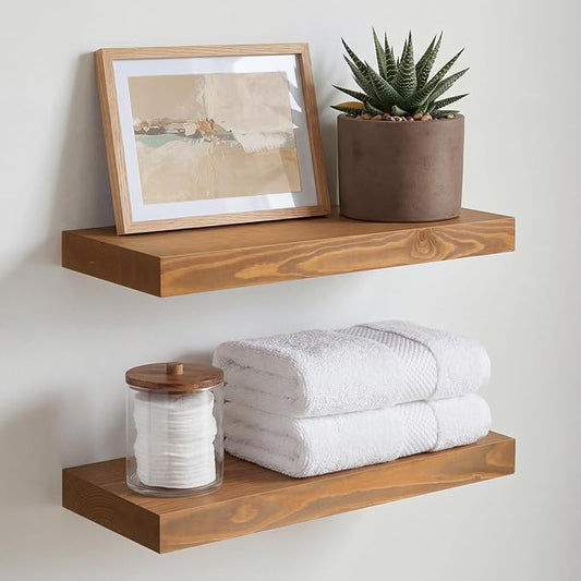 Homeforia 16 inch Golden Oak Floating Shelf, High End Solid Real Wood 16inch Small Floating Shelves for Wall Mounted, Oak Wooden 16in Floating Shelves, Heavy Duty Bracket, 16 X 6.5 X 1.75 in, Set of 4