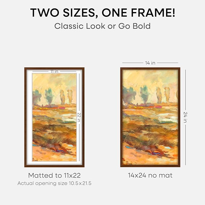Homeforia 14x24 Picture Frame Brown, High End Dark Oak 14x24 Poster Wood Frame with Mat 11x22 for Photo, 14 x 24 Wooden Walnut Frame Matted to 11 x 22, 24x14 Frames, Tempered Glass, Wall Kit, Set of 3