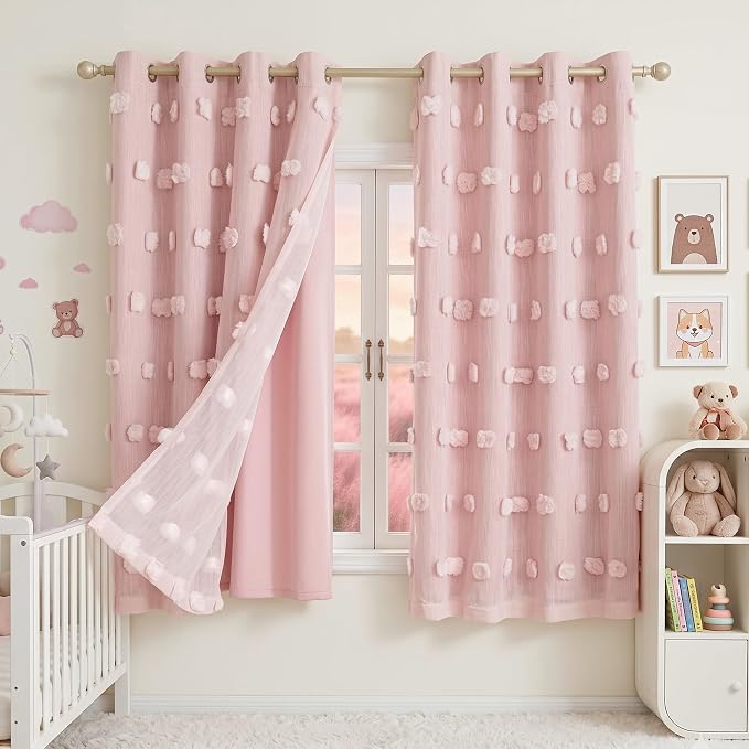 MYSKY HOME Double Layer Curtains for Girls Bedroom Kids Curtain Pink Pom Pom Sheer Window Curtains 2 Panels Pink Curtains Grommet Room Darkening Solid Nursery Curtains 63 Inches Length, W52 X L63