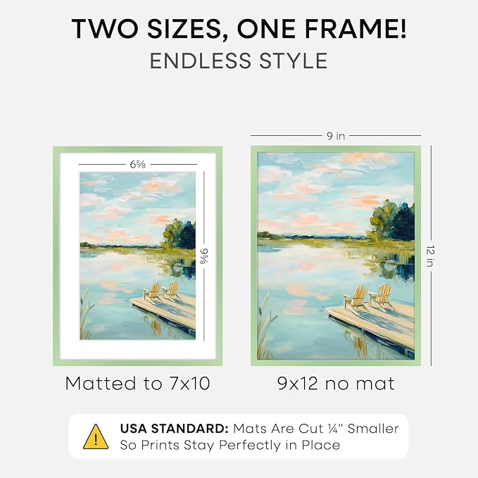 Homeforia 9x12 Sage Green Frame, High End Metal 9 x 12 Picture Frame with Mat 7 by 10 inch Photo, 9by12 Poster Frame Matted to 7x10 Art, 12x9 Wall or Tabletop Frame, Tempered Glass, Wall Kit, Set of 2