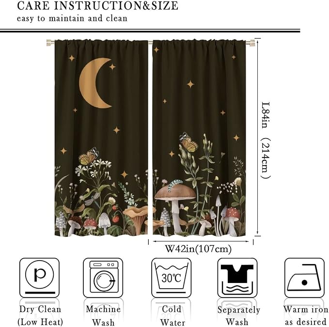 Wild Mushroom Blackout Curtains,Retro Floral Plants Boho Moon Star Window Drapes,Butterfly Botanical for Living Room Kitchen Bedroom,Black Background 84x84in