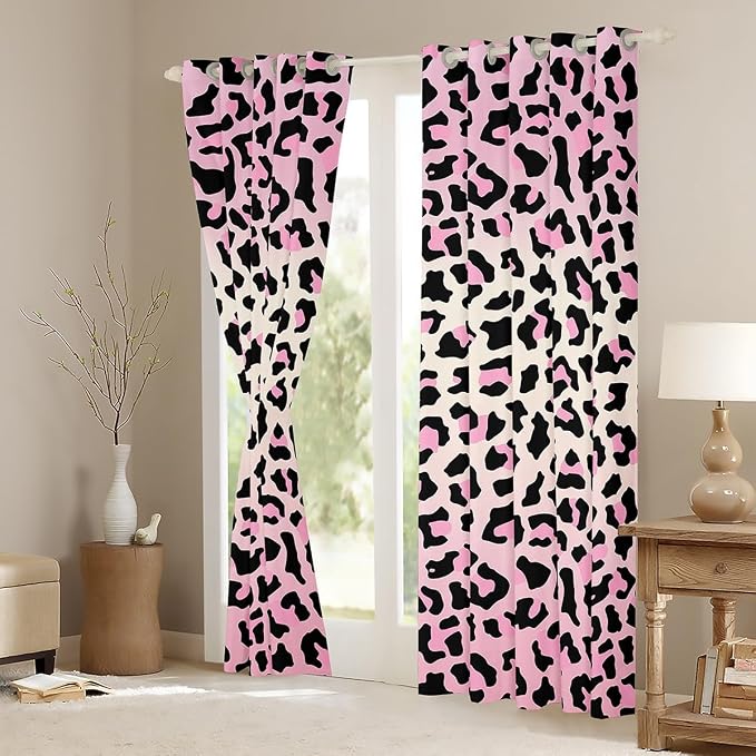 Feelyou Pink Leopard Room Darkening Blackout Curtain Cheetah Curtains for Bedroom Living Room Boys Girls Animal Print Blackout Curtains (2 Panels, 52 x 63 Inch) Safari Window Treatments
