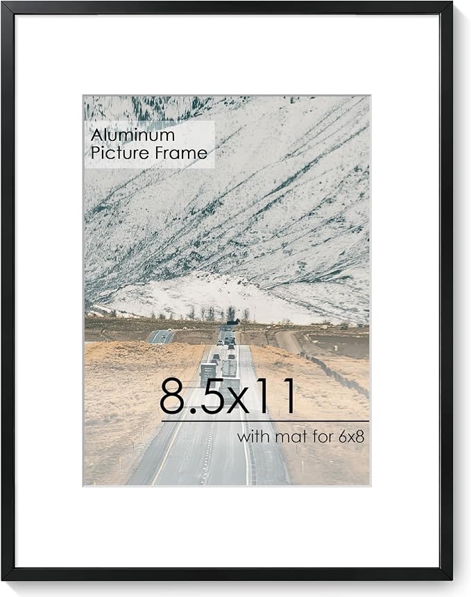 FLYJOE 8.5x11 Certificate Frame, Aluminum Diploma Frame for Document, Black | Sleek Black Document Frame with 6x8 Opening for Diploma, Certificate, Award & Letter Size Photo | Wall Kit Included