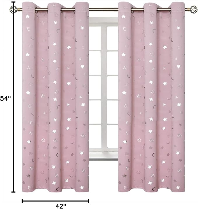 BGment Pink Curtains for Girls Bedroom, Short Star and Moon Blackout Curtains for Nursery, Thermal Insulated Room Darkening Kids Window Curtains with Grommet, 42 W x 54 L, 2 Panels, Light Pink