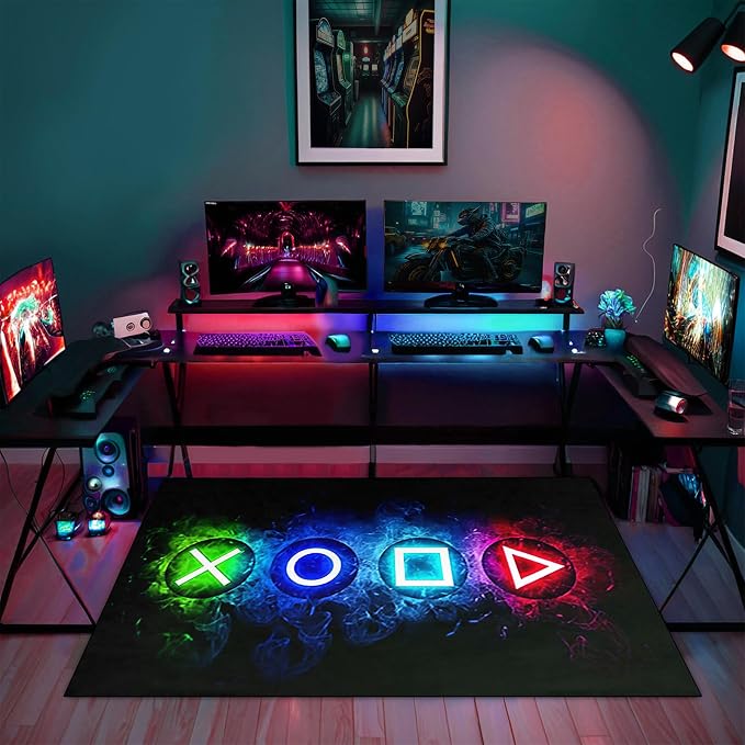 Games Area Rugs, Gamer Rug for Boy Cool Player Room Decor, Gaming Carpets for Boys Teens, Child Play Soft Floor Mat for Dining Living Room Sofa, Video Game Decor Decorate Doormats Black