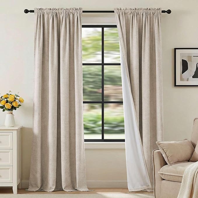 H.VERSAILTEX Linen Look 100% Blackout Curtains 84 Inches Long for Bedroom Full Light Blocking Rod Pocket 42 Inches Wide Linen Textured Thick Window Curtain Drapes with White Backing, Natural, 2 Panels