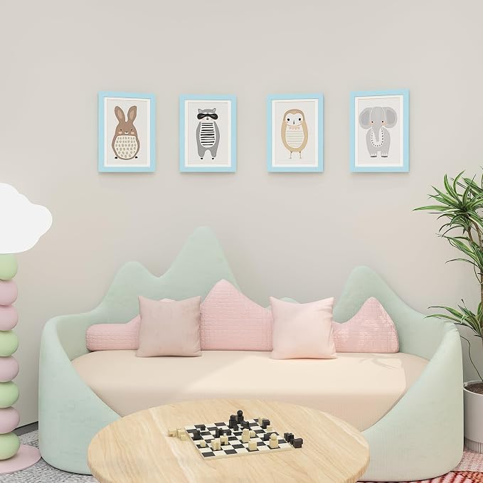 KINLINK A4 Kids Art Frame 2 Pack, Solid Wood Artwork Frames Changeable, Front Opening Hold 150 Pictures, Art Frames for Kids Artwork, 6.6x10.2 with Mat A4 without Mat, Picture Frames Light Blue