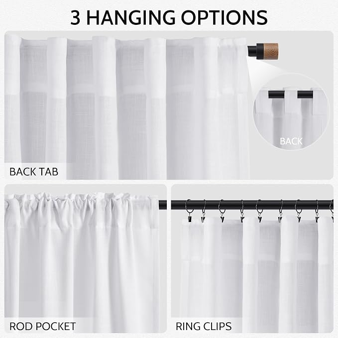Snow White Linen Curtains 90 Inches Long for Living Room Light Filtering Semi Sheer Curtain Back Tab Luxury Neutral Coastal Modern Farmhouse Decor Drapes for Bedroom Dinner Room 52x90, 2 Panels