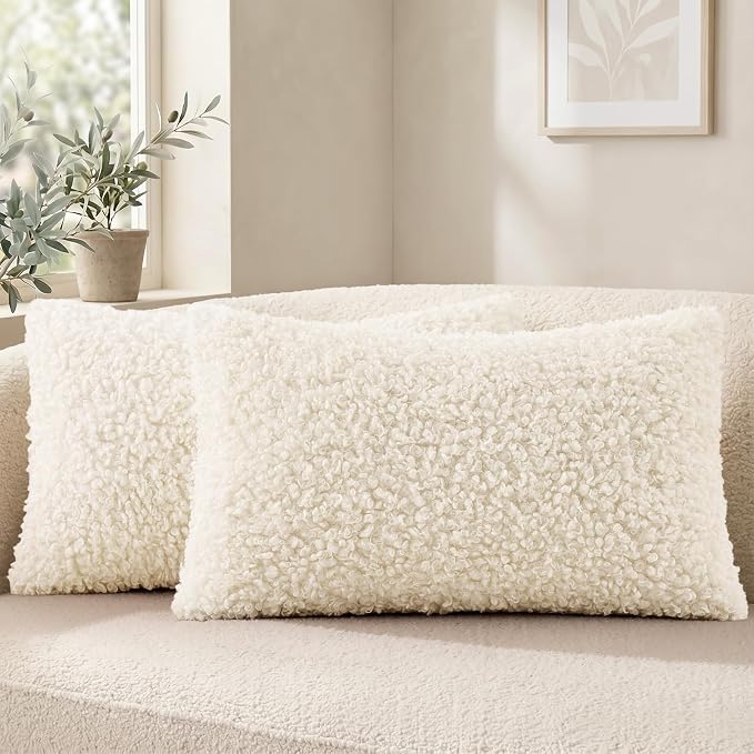 decorUhome Pack of 2 Throw Pillow Covers 12x20 Inch, Faux Fur Decorative Sherpa Pillow Covers Fuzzy Accent Soft Sheepskin Fleece Pillow Cases for Couch Living Room Bed, Neutral Cream