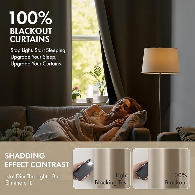 MIULEE Taupe 100% Blackout Curtains for Bedroom 84 Inch Long, 2 Thick Layers Thermal Insulated Black Out Window Curtains with Black Liner, Noise Reducing Grommet Living Room Drapes 2 Panels Set