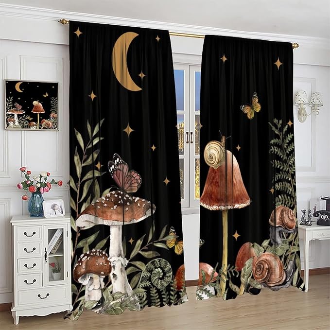 Retro Mushroom Blackout Curtains,Snail Butterfly Window Drapes,Boho Night Plants Leaves Moon Star Botanical for Living Room Kitchen Bedroom,Black Background 42x63in