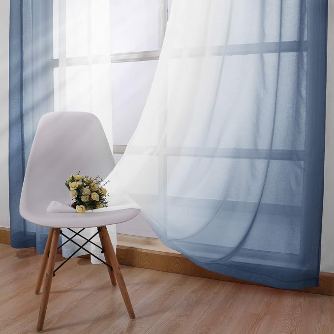 DWCN Blue Linen Ombre Sheer Curtains - Semi Voile Gradient Grommet Top Curtains for Bedroom and Living Room, Set of 2 Window Curtain Panels, 52 x 84 Inches Long, Denim Blue