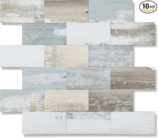 2026 New Upgrade Peel and Stick Backsplash Tile, Peel and Stick 11.34" X 11.57" Wall Tile for Kitchen, Bathroom, Fireplace, Laundry (Vintage Wood Grain, 10 Packs)
