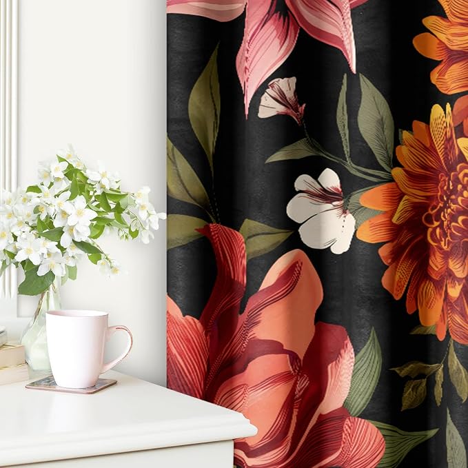 Black Boho Floral Blackout Curtains Mid Century Vintage Botanical Flower Patterned Room Darkening Thermal Insulated Curtains 2 Panels Set, Window Curtain for Bedroom Living Room Decor 52X84 Inch