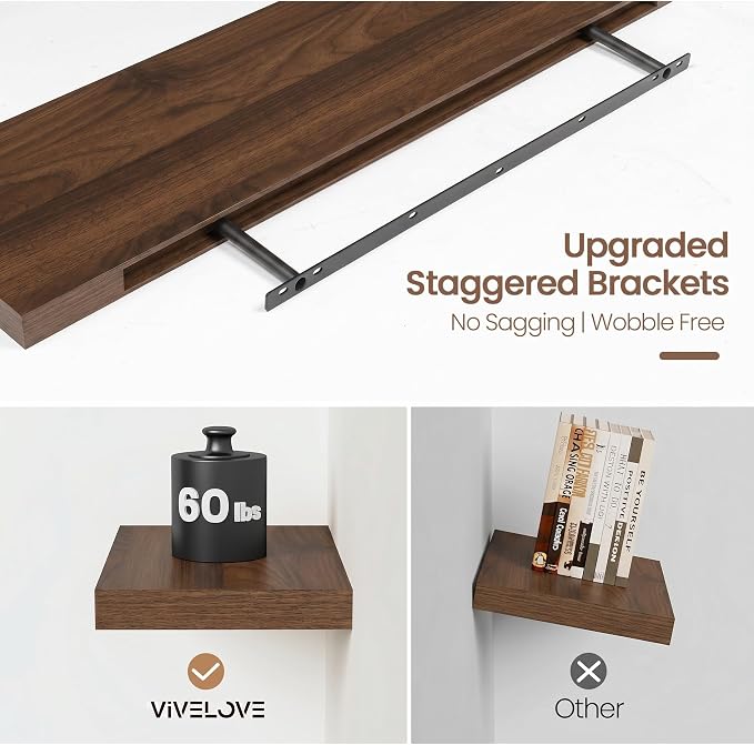 Vivelove Walnut Floating Shelves 48 Inches Long, Wall Display Shelves with Invisible Brackets, for Bathroom Living Room Kitchen Bedroom Office Farmhouse Home Decor, 48x9.3X 1.5 - Set of 2, Walnut
