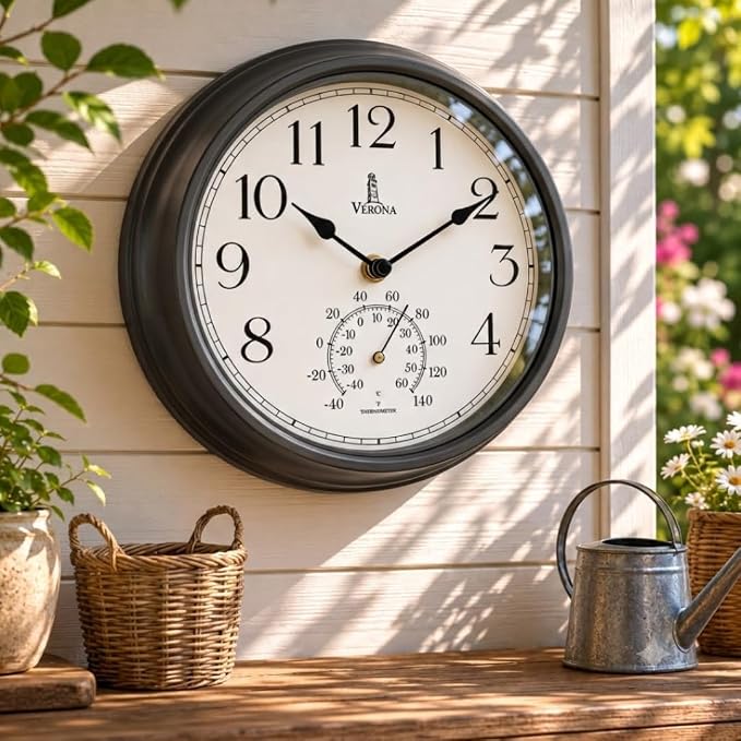 Outdoor Clocks for Patio Waterproof with Thermometer — Black 9.5 Inch Indoor Outdoor Wall Clock with Temperature Display — Weatherproof, Accurate & Easy to Read for Pool, Garden & Home Decor