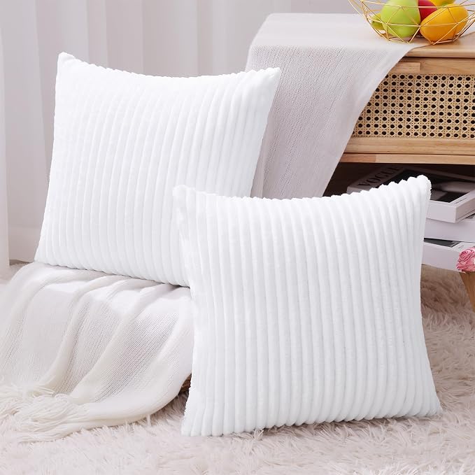 Simmore Decorative Fall Throw Pillow Covers 16x16 Set of 2, Soft Natural Plush Flannel Double-Sided Fluffy Couch Pillow Covers for Sofa Living Room, White