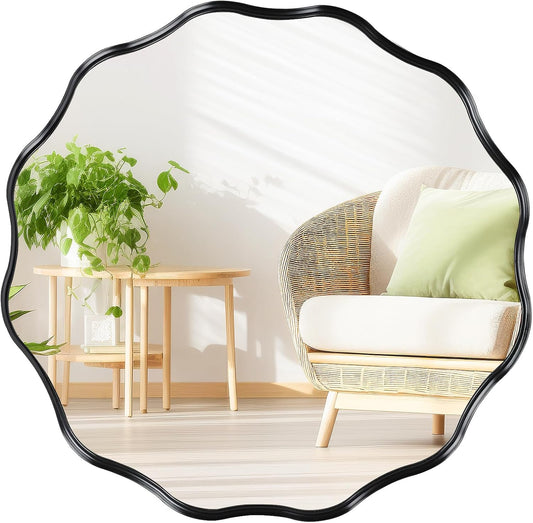 Fabuady Black Round Wavy Edge Mirror - 20'' Circle Wall Mirror with Metal Frame, Decorative Hanging/Leaning Mirrors for Bathroom, Bedroom, Living Room, Hallway, Entryway, Office, Home Decor