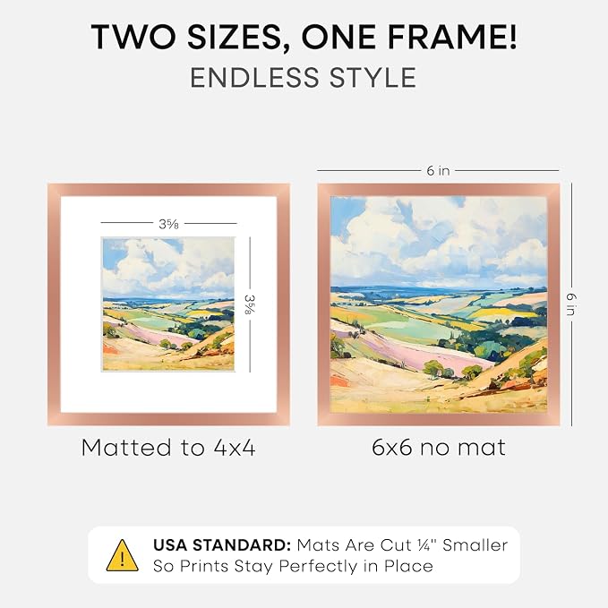 Homeforia Rose Gold Frame 6x6, High End Metal 6 x 6 Square Picture Frames with Mat 4 by 4 Art, 6x6 Photo Frame Matted to 4x4 inch Print, 6by6 Wall or Tabletop Frames, Tempered Glass, Wall Kit, Set of 1