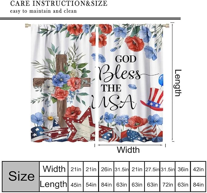 4th of July Curtain,Red Blue Floral Patriotic Independence Day Drapes for Bedroom Living Room Kitchen Window Treatment 2 Panels Set Total Size 42" W X 45" L Inch