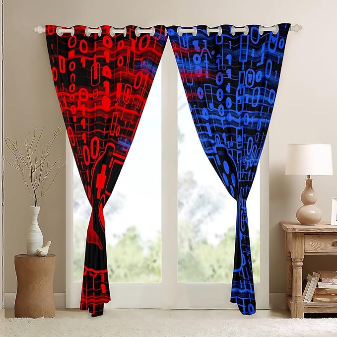 Feelyou Kids Boys Red and Blue Gamer Blackout Curtains Gamer Window Curtains for Ombre Geometric Teens Game Darkening Drapes Gaming Window Treatments Game Room Decor (2 Panels, 52 x 63 Inch)