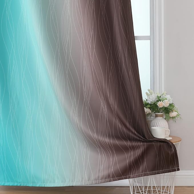 Estelar Textiler Brown and Teal Ombre Blackout Curtains 45 Inch Length 2 Panels, Full Room Darkening Gradient Drapes for Bedroom, Thermal Insulated Grommet Short Curtains for Bathroom, 42Wx45L