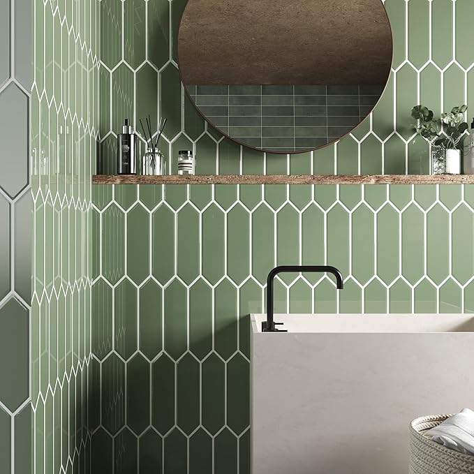 VaryStyle Sage Green Backsplash Tile Peel and Stick Kitchen Backsplash Long Hexagon Wall Tiles Self Adhesive Sticky Waterproof Vinyl Mosaic Back Splashes Stickers for Shower Walls Stove 12"x12" 18PCS
