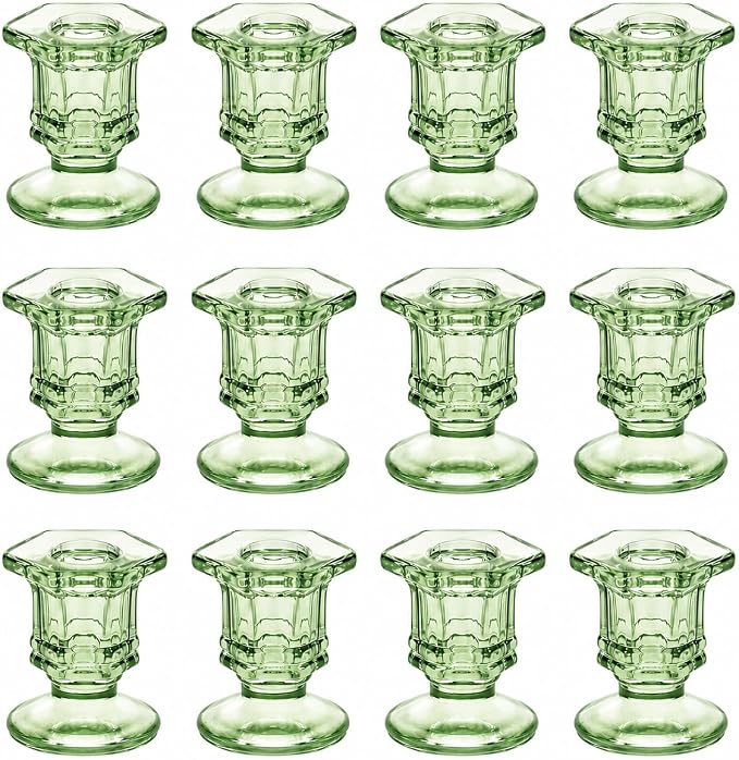 Lanttu 12 Pcs Green Candlestick Holders Bulk Glass Candle Holders Set | Crystal Taper Candle Holder for Wedding, Table Centerpiece, Home Decoration