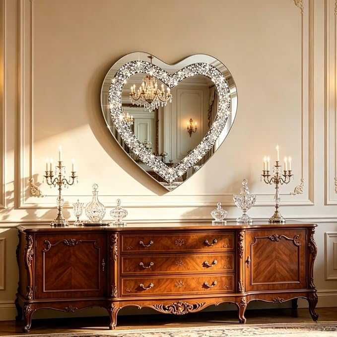DMDFIRST Crystal Crush Diamond Heart Shaped Silver Mirror for Wall Decoration 24x24x1 inch Wall Hang Frameless Mirror Acrylic Diamond Décor.