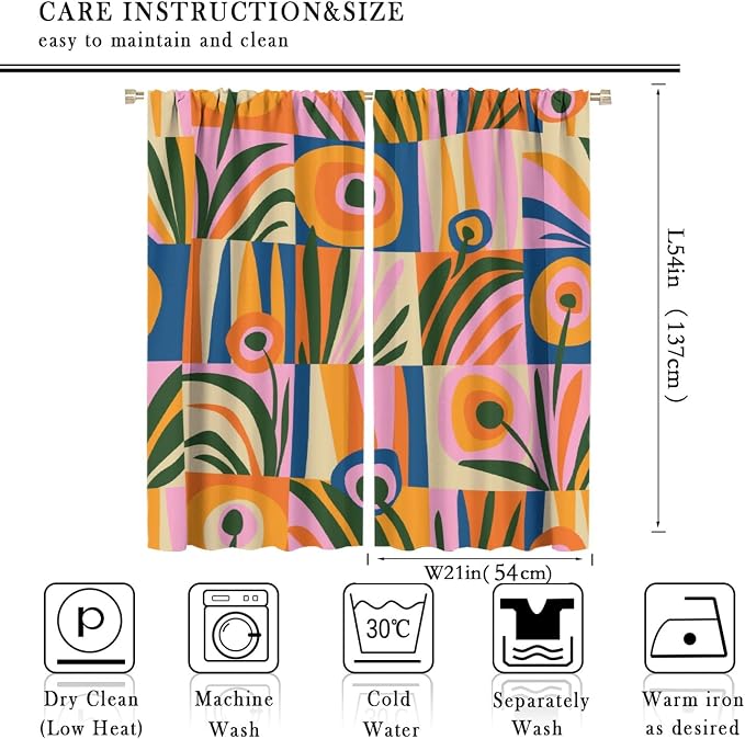JESTRONRY Mid Century Boho Curtains, Modern Abstract Cute Retro Floral Vintage Checkered Flower Print Blackout Window Door Curtains for Bedroom Living Room Home Decor 42x54in