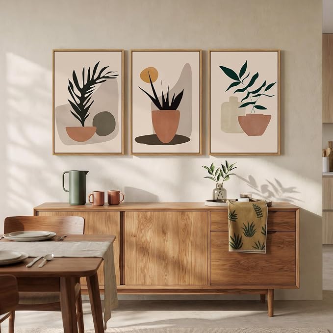 Framed Boho Botanical Canvas Wall Art Prints, Set of 3 Piece Bohemian Neutral Orange Paintings Artwork for Walls, Elegant Boho Plant Pictures for Living Room Dining Room Office Wall Decor, 16x24 Inch