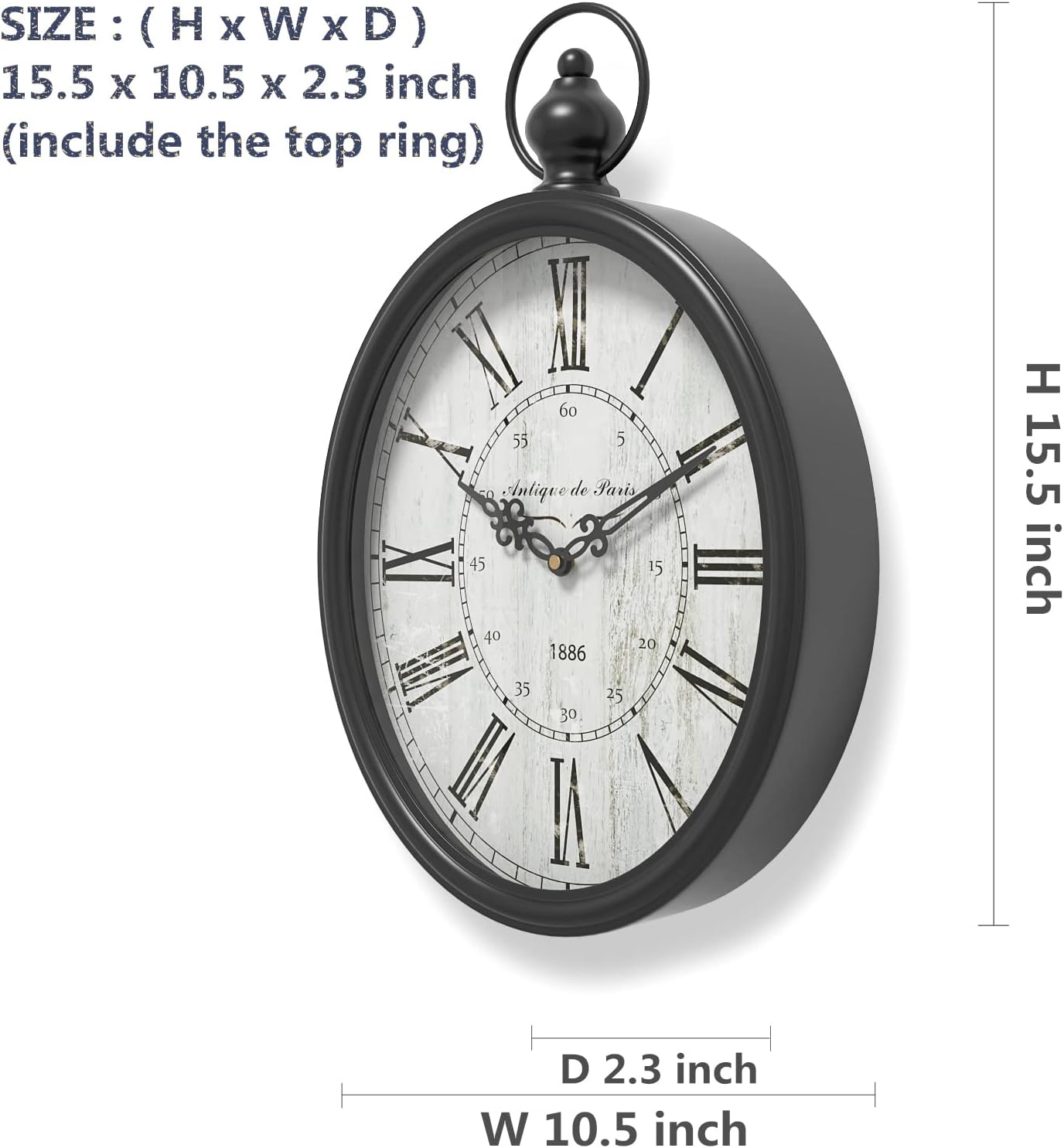 Menterry Oval Retro Wall Clock, Rustic Vintage Style, Black Antique Design, Battery Operated Silent Decor Large Wall Clocks for Kitchen,Farmhouse,Office (15.5" H x 10.5" W)