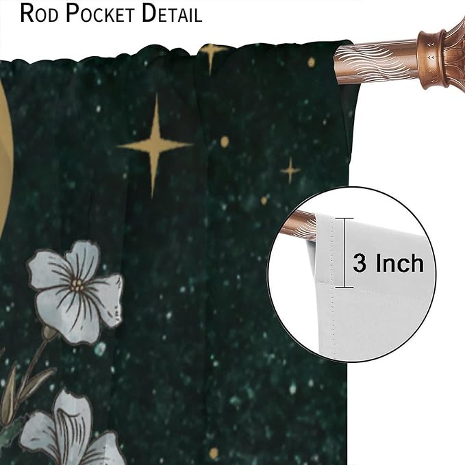 Vintage Mushroom Curtains, Watercolor Fern Botanical Mushroom Herbs Nature Plants Moon Stars Dark Green Universe Blackout Window Treatments for Kitchen Bedroom, 63" W X 72" L