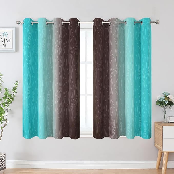 Estelar Textiler Brown and Teal Blackout Curtains 45 Inch Length, Light Blocking Gradient Drapes for Bedroom, Thermal Insulated Grommet Ombre Curtains for Bathroom,52Wx45L,2 Panels
