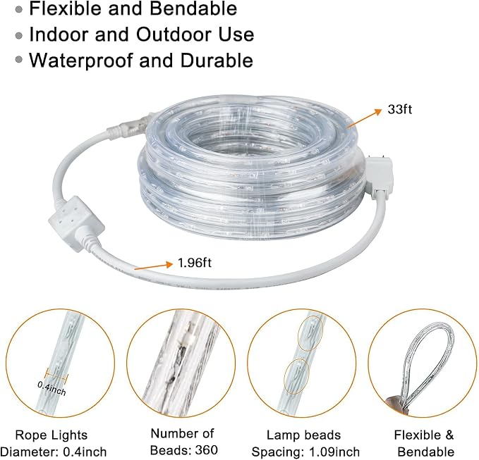 SURNIE LED Rope Lights Outdoor Warm White, Waterproof 33FT Cuttable 3000K Soft Lighting Indoor 110V Flexible Clear Tube for Bedroom Outside Garden Deck Patio Camping Decor, Not Flat Strip