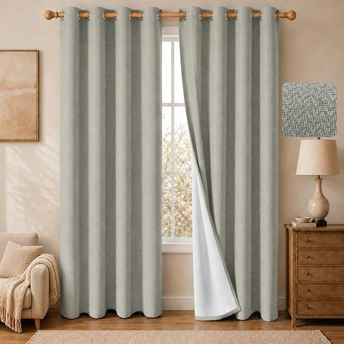 2 Panels 100% Blackout Linen-Textured Curtains, Thick Thermal Insulated Grommet Drapes with Subtle Herringbone Weave, Luxury Decor for Bedroom/Living Room, 54 x 95 Inches, Linen Beige