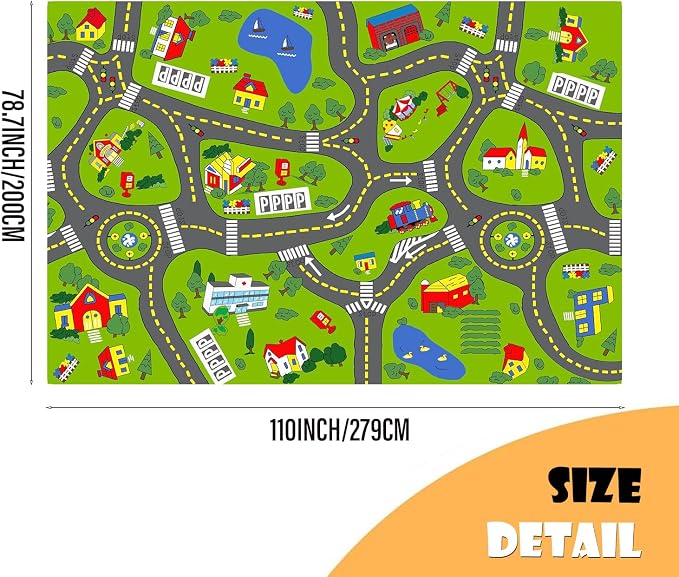 Non-Slip Town City Road Map Playmat for Boys, Perfect for Playroom and Bedroom, Car Track Mat - 9'2" x 6'7" (Rectangular)