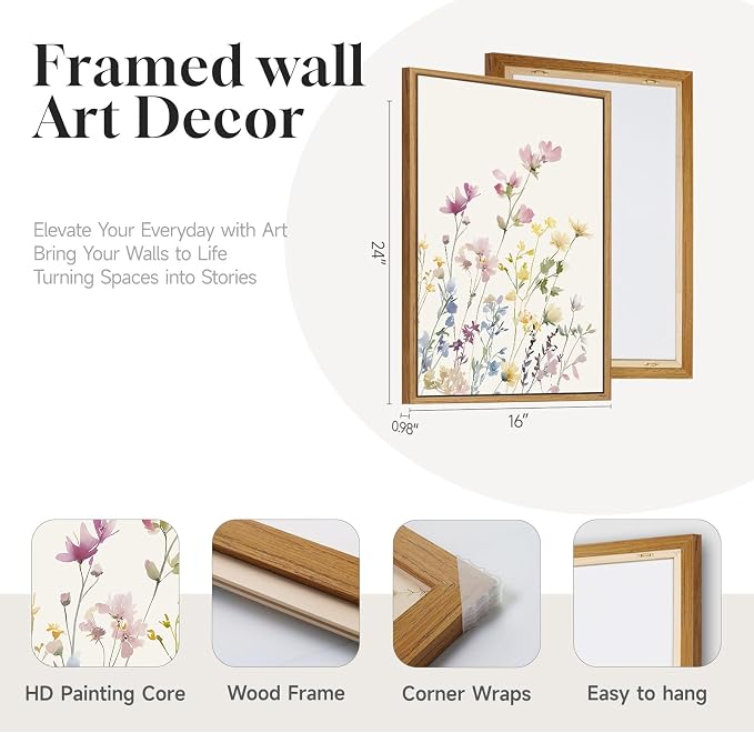 3 Piece Framed Watercolor Floral Canvas Wall Art for Bedroom, Large Botanical Wildflower Picture Prints Paintings, Pastel Farmhouse Flower Artwork Decor for Living Room Nursery Hallway 16x24 Inch