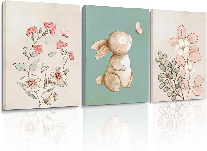 Framed Nursery Wall Art Set of 3 Pink Flower Botanical Pictures 16x24 In | Green Bunny Paintings, Cute Animal Canvas Prints for Girls and Boys Kids Room, Baby Room Decor