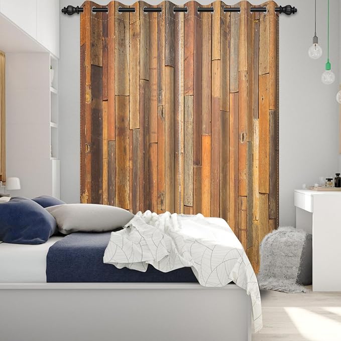 Wooden Curtains Vertical Planks Wooden Window Curtains Rustic Wooden Barn Door Grain Cottage Hardwood Garage Door Bedroom Living Room Window Drapes Decor with Grommets,26x84 inch,2 Panels