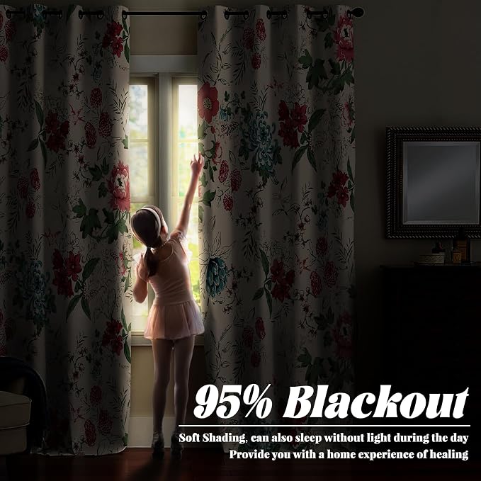 Renaiss Boho Flower Blackout Curtains Wild Blue Pink Floral Thermal Insulated Window Drapes for Bedroom 42W x 96L inches 2 Panel Set Beige Window Curtain Panels for Living Room
